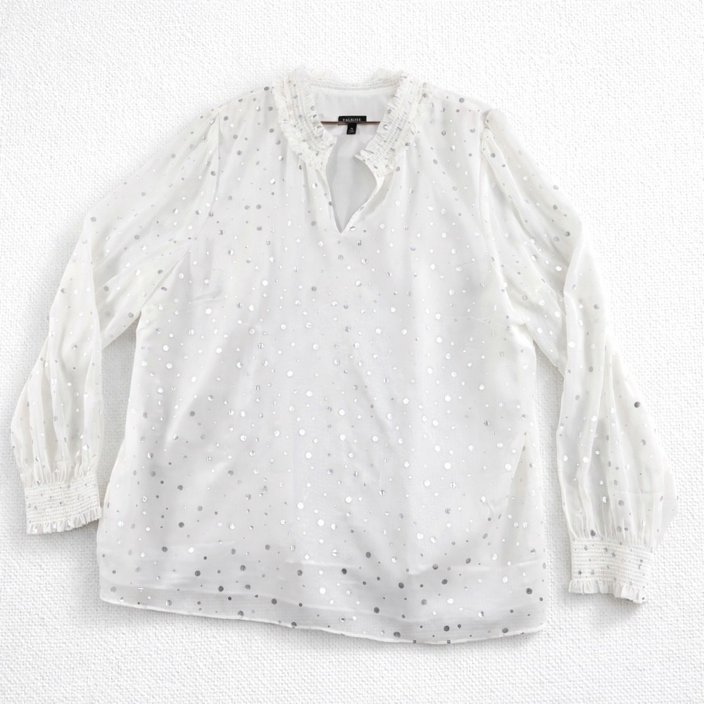 Talbots Women Cream Silver Dot Sheer Ruffle Neck V-Neck Long Sleeve Blouse Top